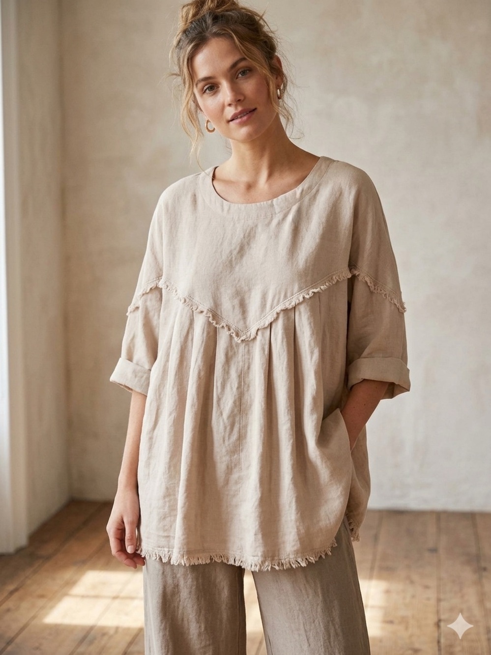 Oli & Hali Light Beige Frayed Boho Tunic Top - Size L/XL